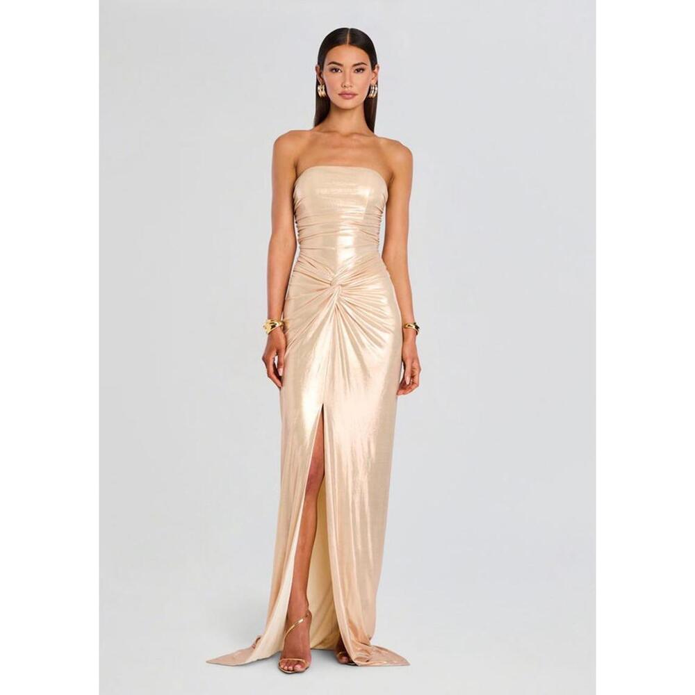 Stunning $798 Retrofete Maytal Dress Latte Gold Lame Knotted Designer Dress XS/2